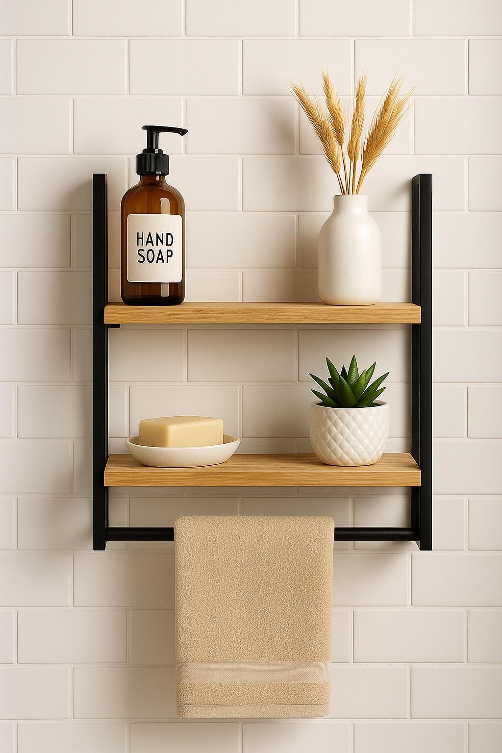 Modern Wood and Metal Bathroom Shelf with Towel Bar